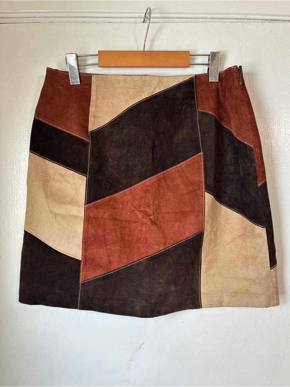 Suede Patchwork Apostrophe Brown Tan Mini Skirt 12
